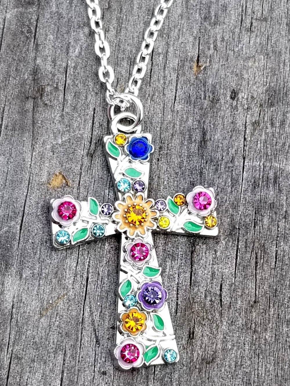 Colorful Crystal Cross Pendant Necklace, Floral Silver Cross Necklace, Sunflowe